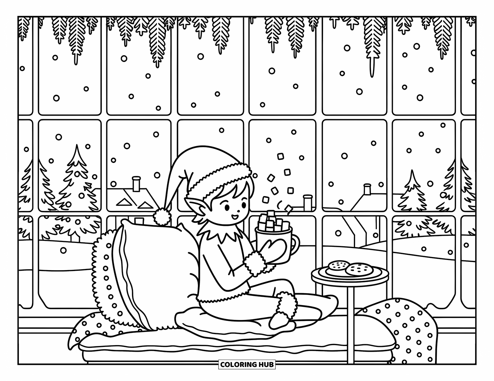 Elf Coloring Page for Adults: An elf relaxes by the window with cocoa and cookies as snow falls outside
