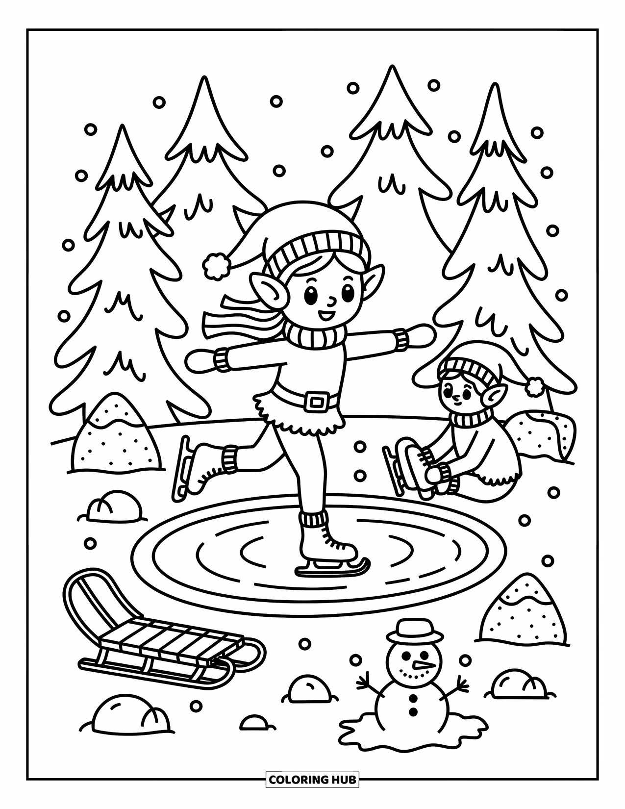 Elf Coloring Page for Adults: An elf spins joyfully on a pond beside a playful winter snowman