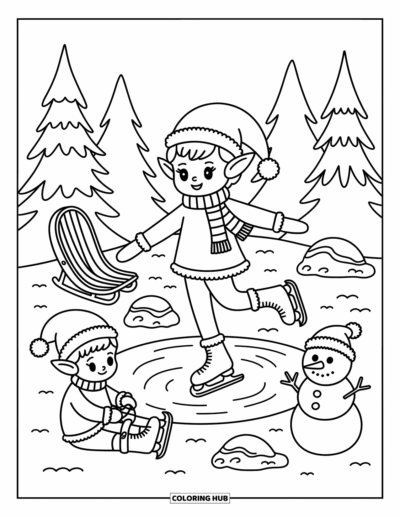 Elf Coloring Page for Adults: An elf twirls on ice as another ties skates near a snowy forest