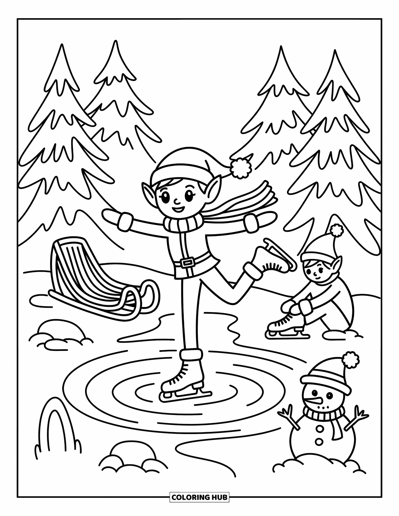 Elf Coloring Page for Adults: Two elves enjoy skating on a frozen pond near a snowman and sled