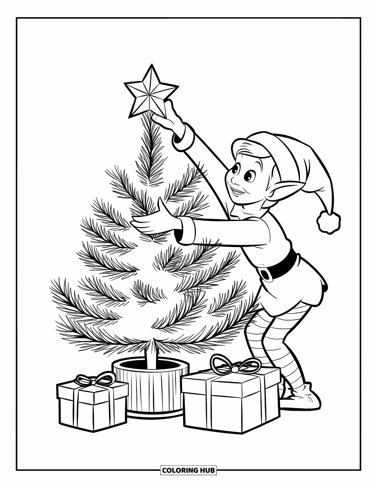 Elf Coloring Page for Kids: A cheerful elf decorates a small tree with a golden star