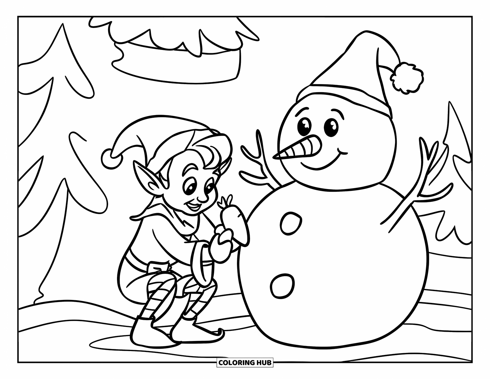 Elf Coloring Page for Kids: A cheerful elf finishes a snowman with a carrot nose
