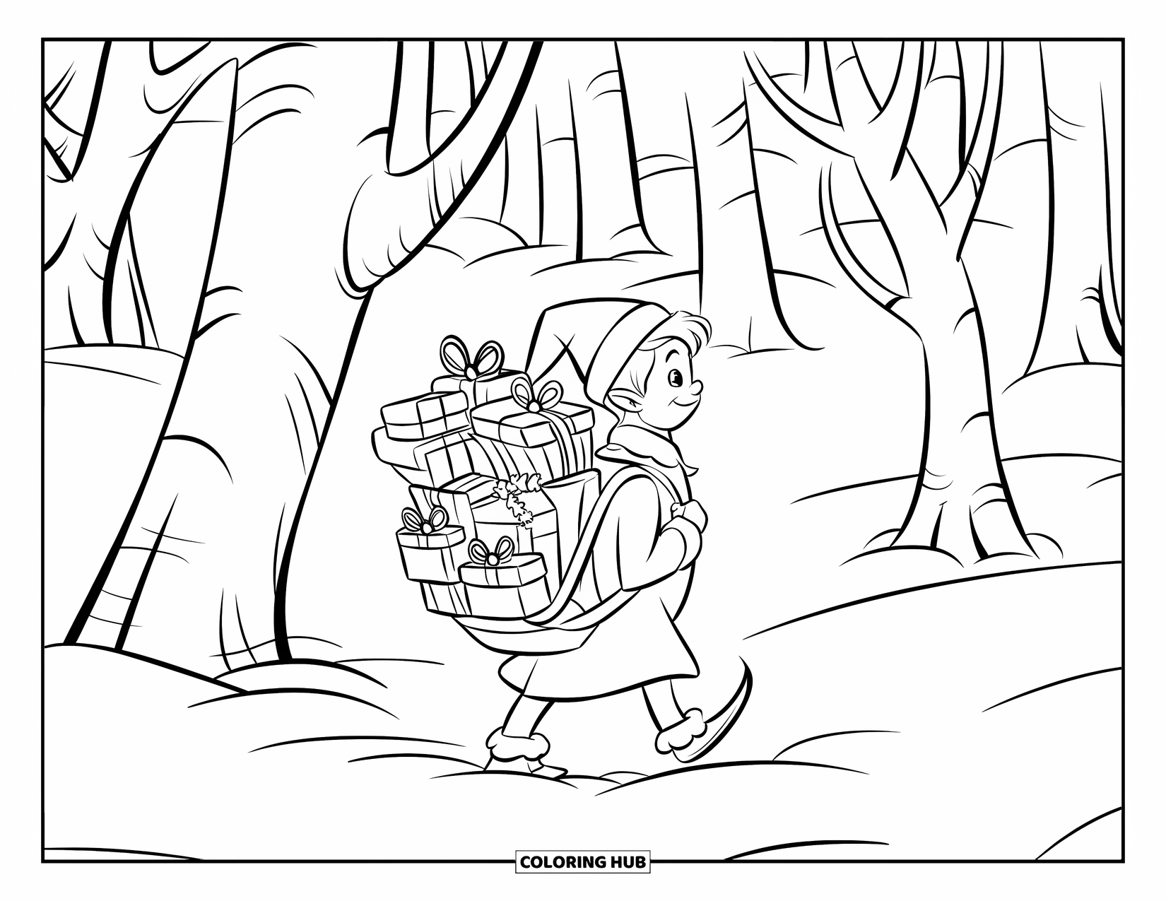 Elf Coloring Page for Kids: A cheerful elf hikes through a snowy woodland with presents