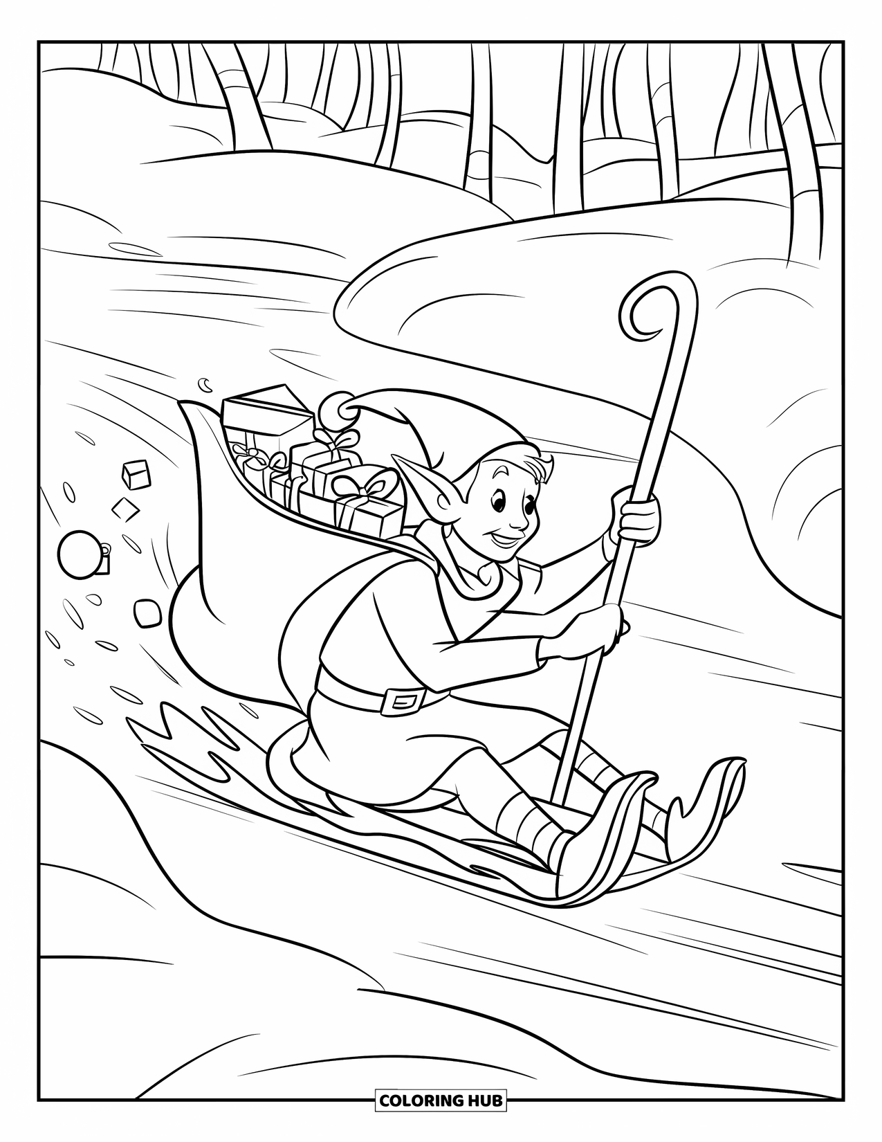 Elf Coloring Page for Kids: A cheerful elf slides down a frozen stream with falling gifts