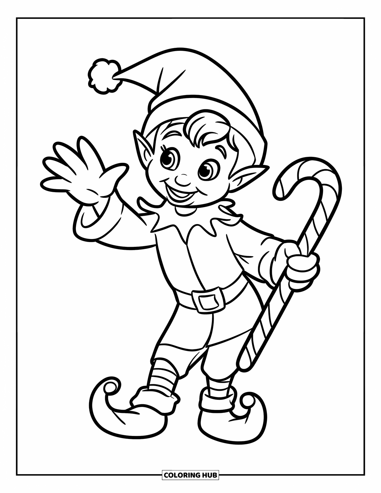 Elf Coloring Page for Kids: A cheerful elf waves while holding a striped candy cane