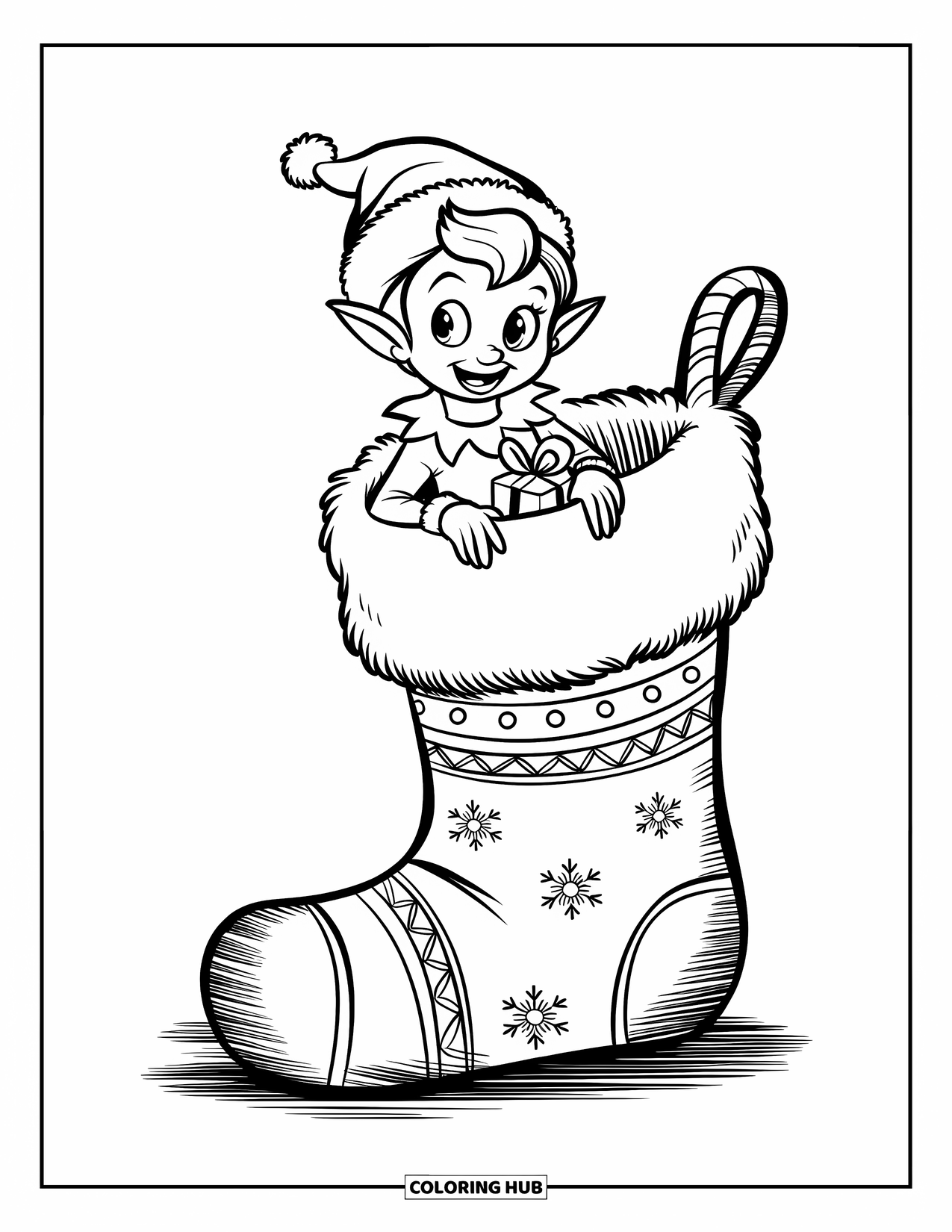 Elf Coloring Page for Kids: A cute elf peeks out of a big Christmas stocking holding a gift