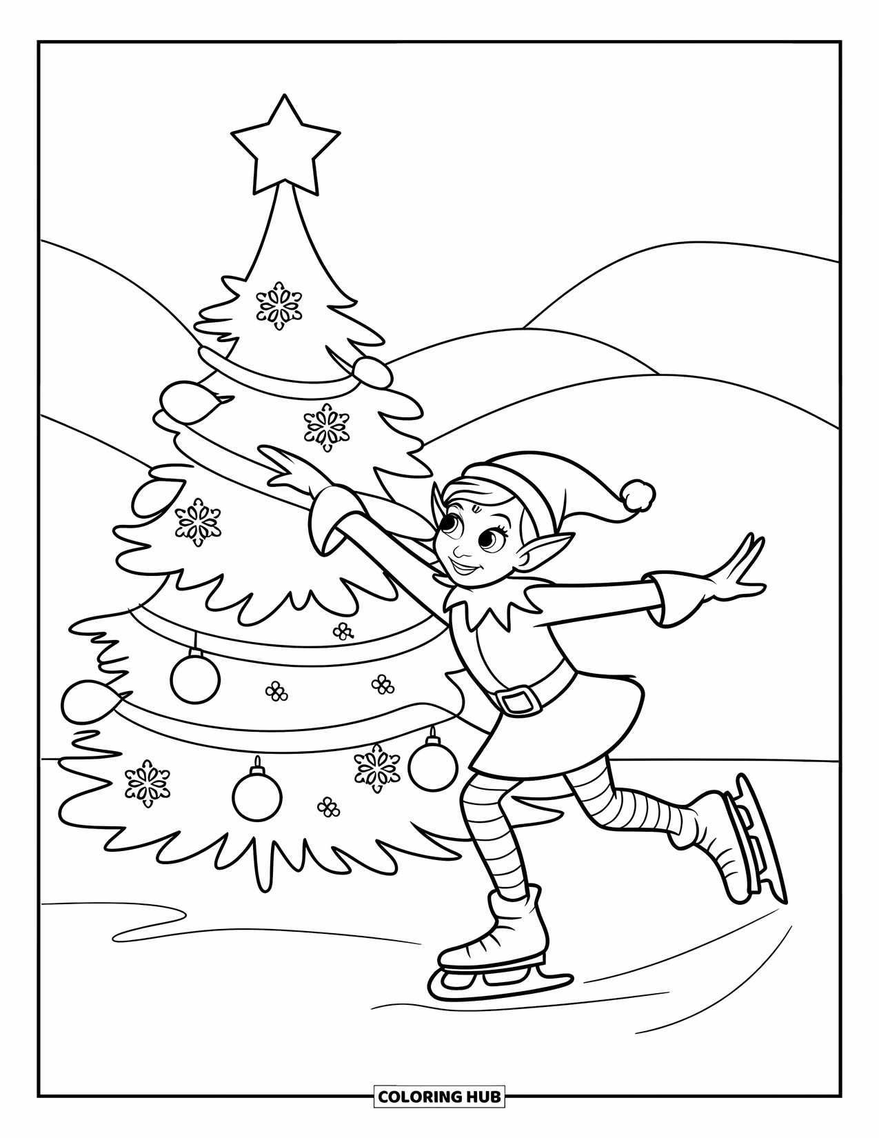 Elf Coloring Page for Kids: A joyful elf ice skates near a decorated Christmas tree