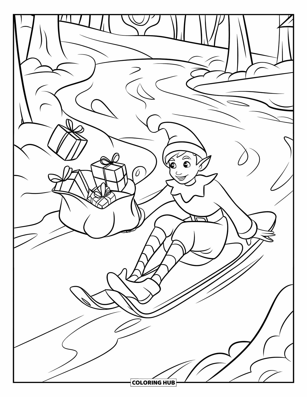 Elf Coloring Page for Kids: A laughing elf glides down a frozen stream dropping presents