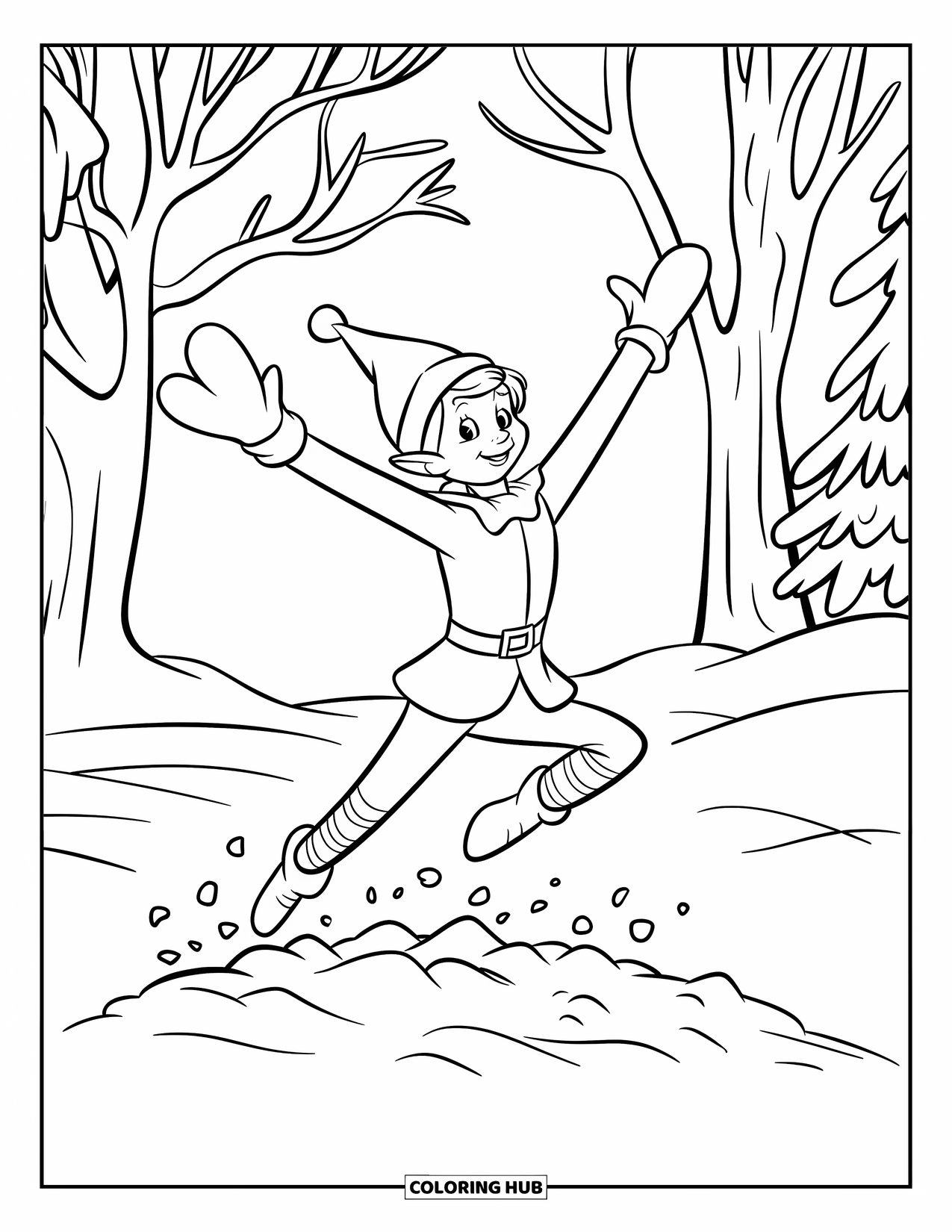 Elf Coloring Page for Kids: A laughing elf leaps into a fluffy snow pile
