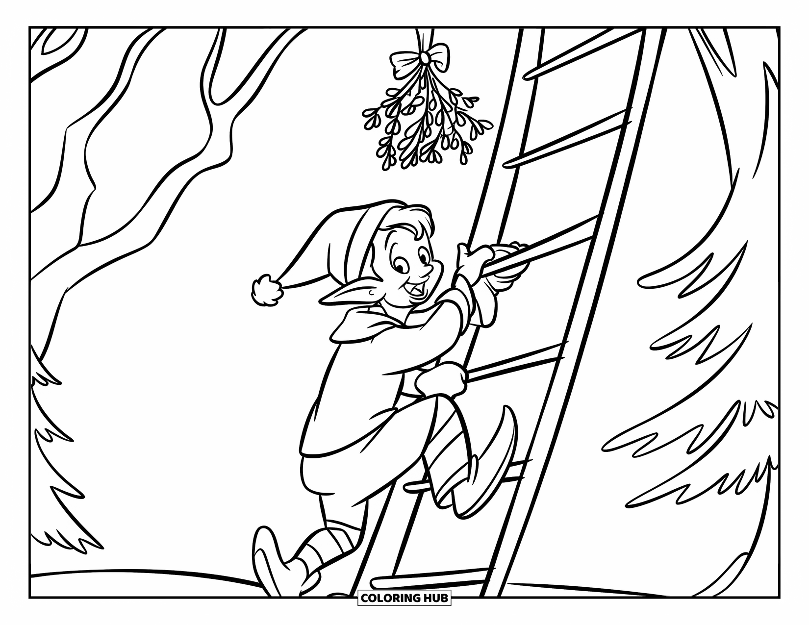 Elf Coloring Page for Kids: A mischievous elf climbs a ladder to hang mistletoe