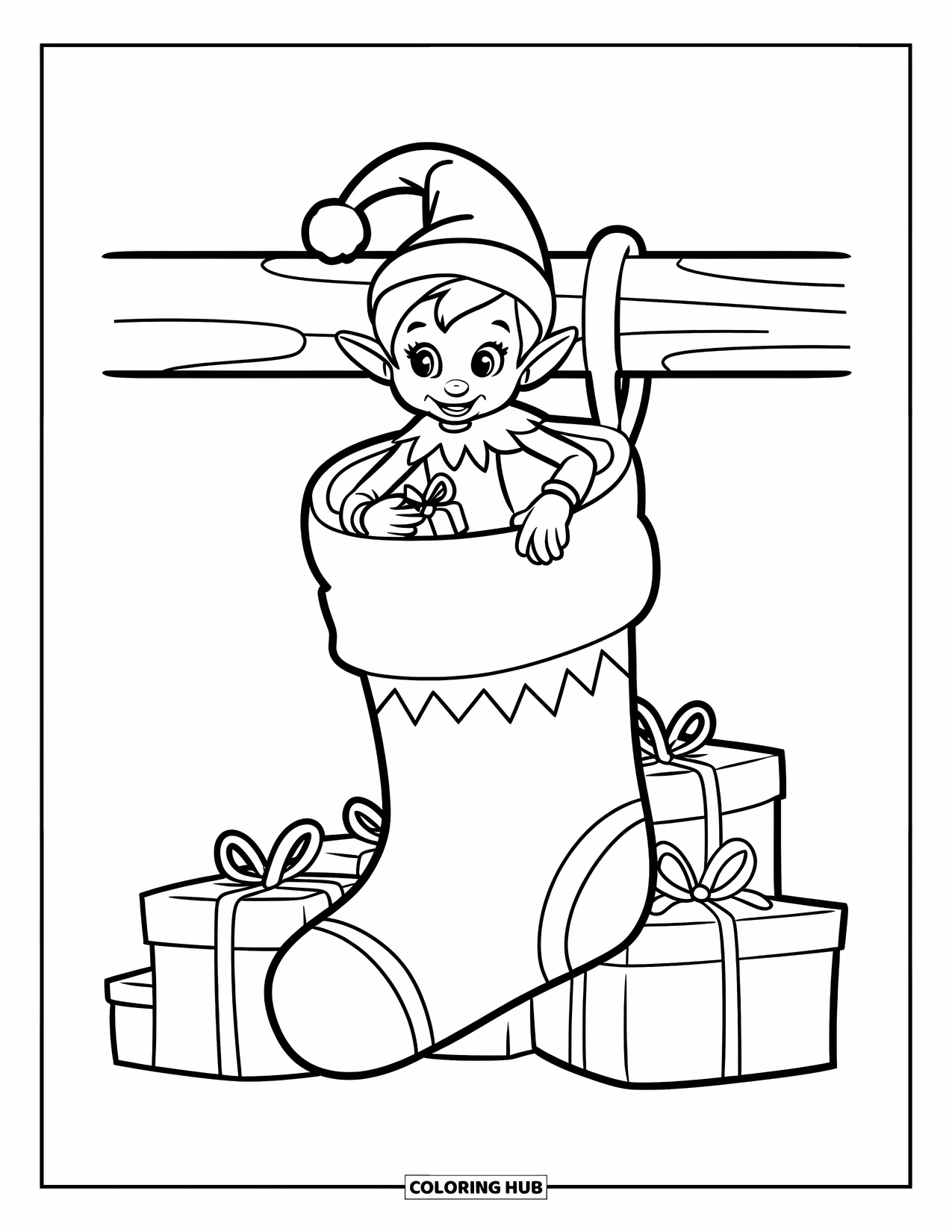 Elf Coloring Page for Kids: A small elf waves from a stocking filled with gifts