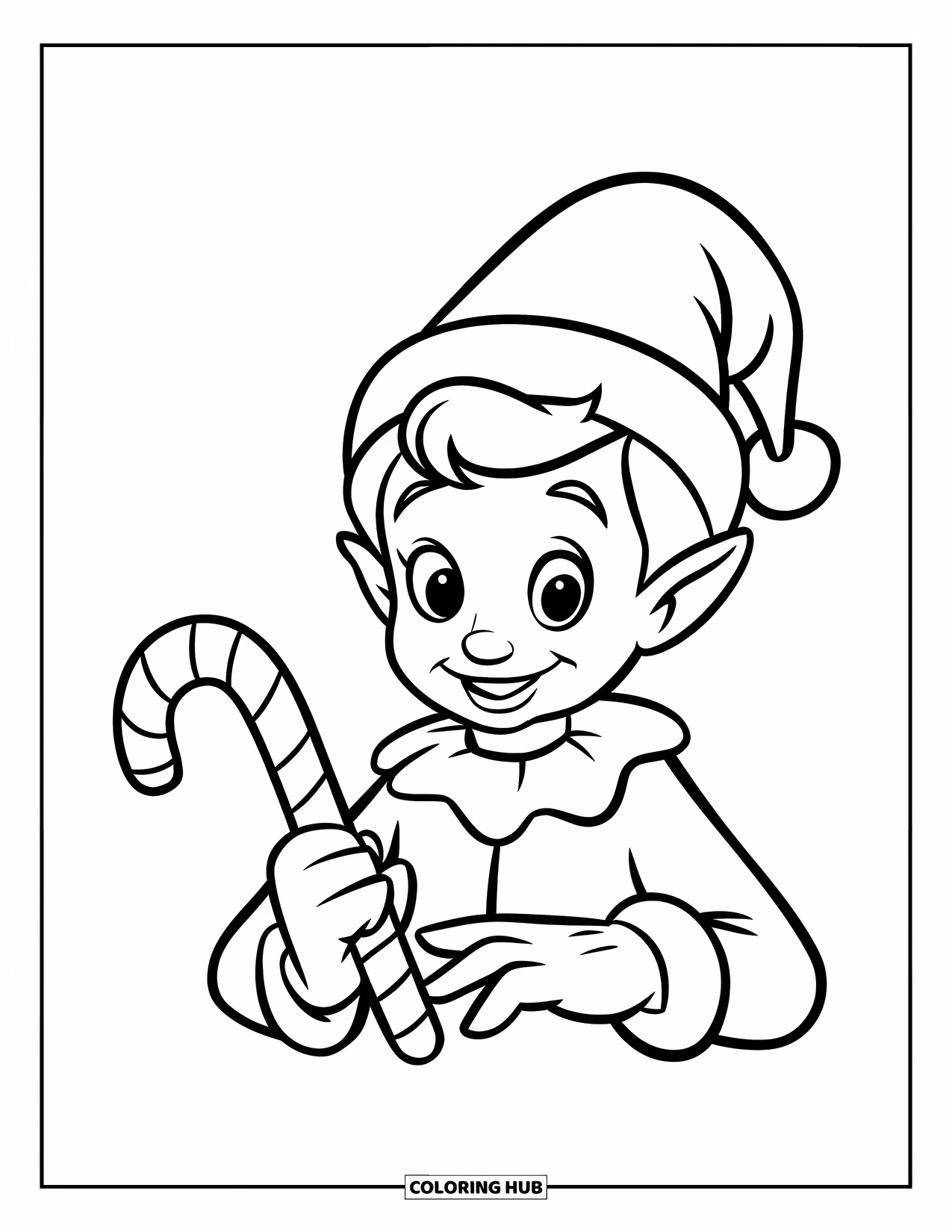 Elf Coloring Page for Kids: A smiling elf greets you with a wave and a candy cane