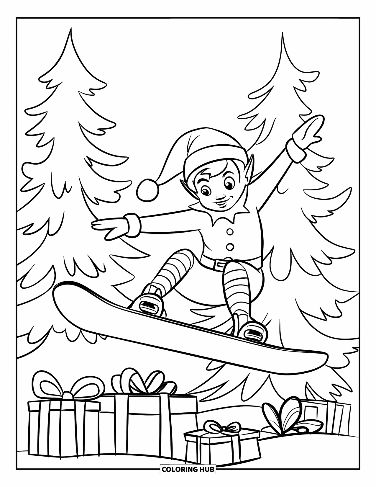 Elf Coloring Page for Kids: A snowboarding elf soars above pine trees and presents