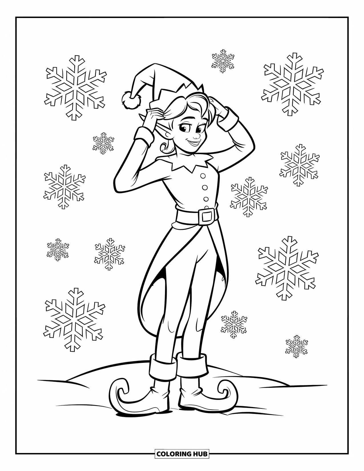 Elf Coloring Page for Kids: A stylish elf adjusts their pointy hat among swirling snowflakes