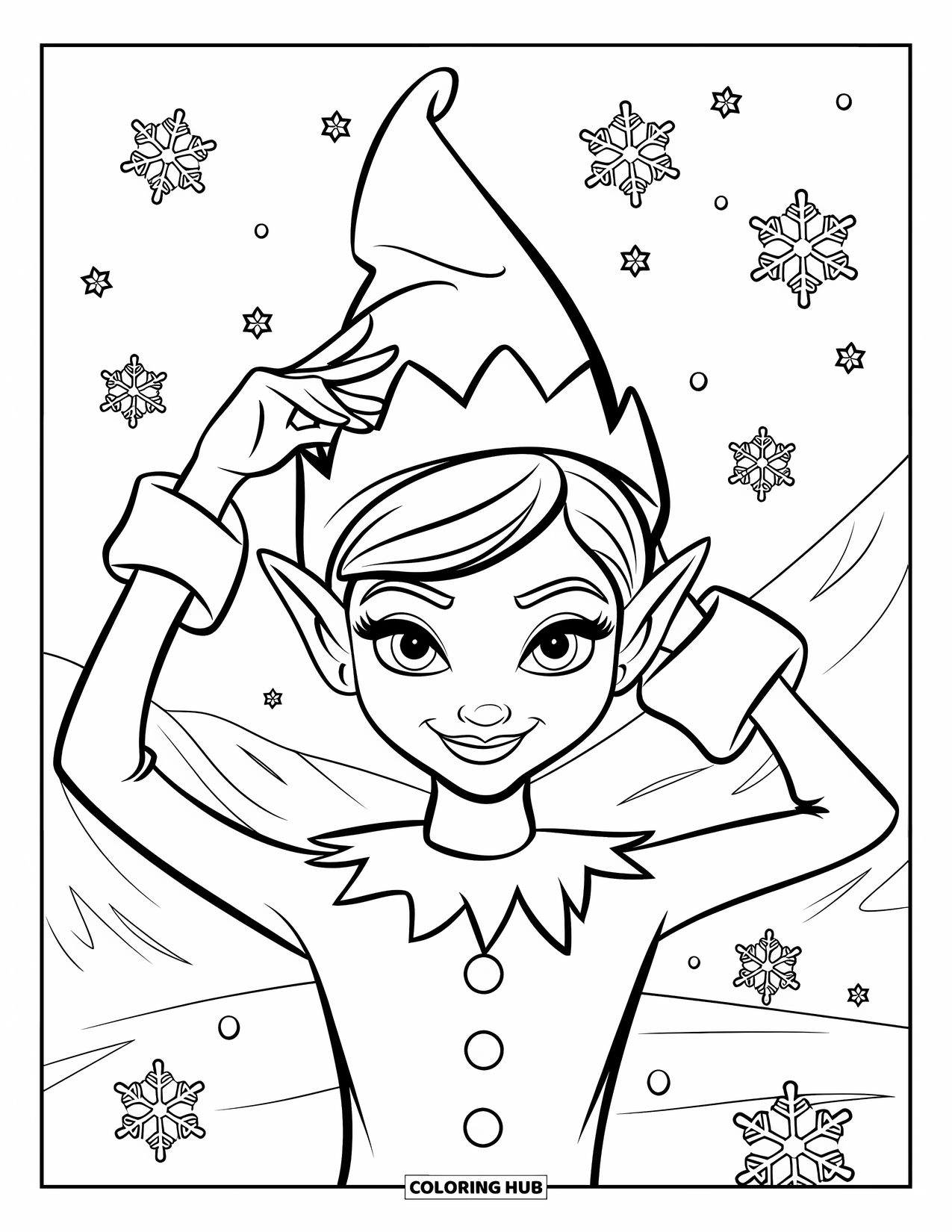 Elf Coloring Page for Kids: A stylish elf poses beneath drifting snowflakes