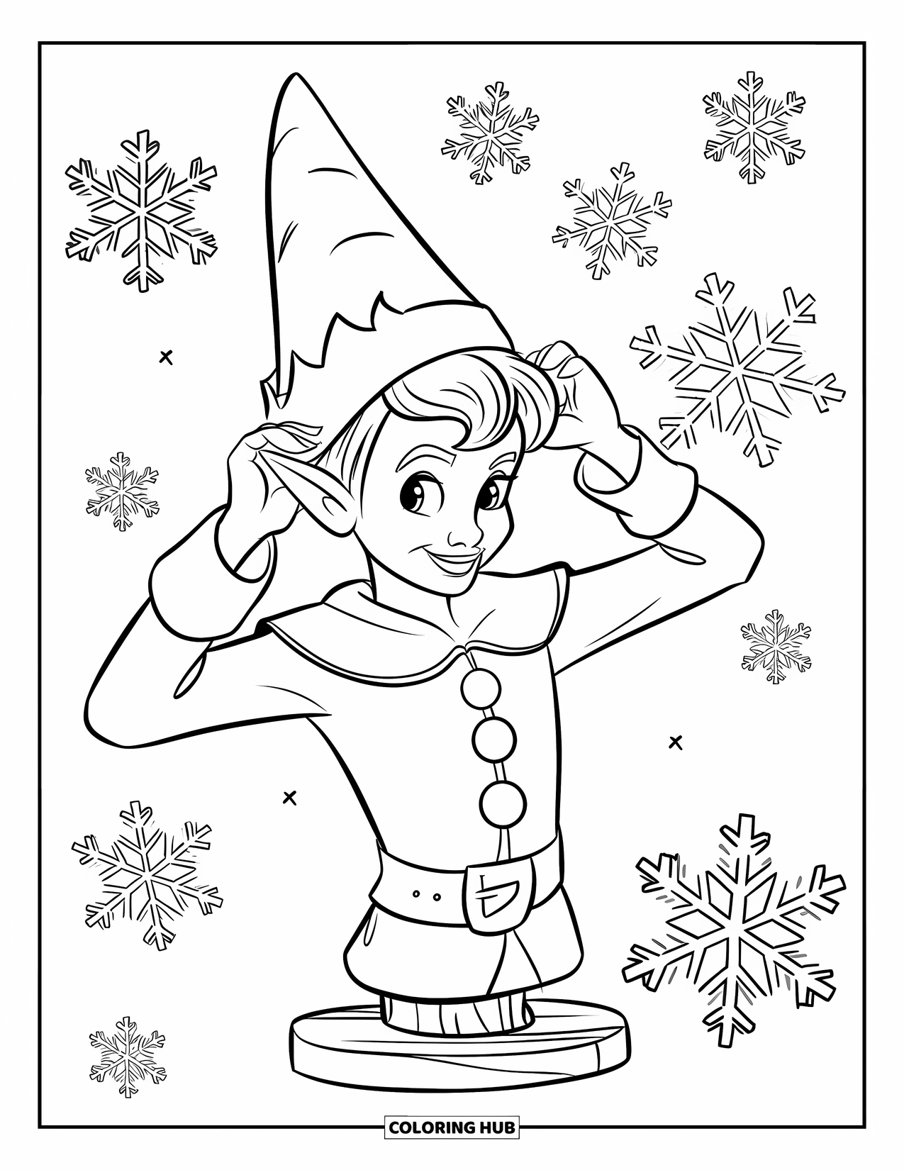 Elf Coloring Page for Kids: An elf adjusts their hat as snowflakes dance around