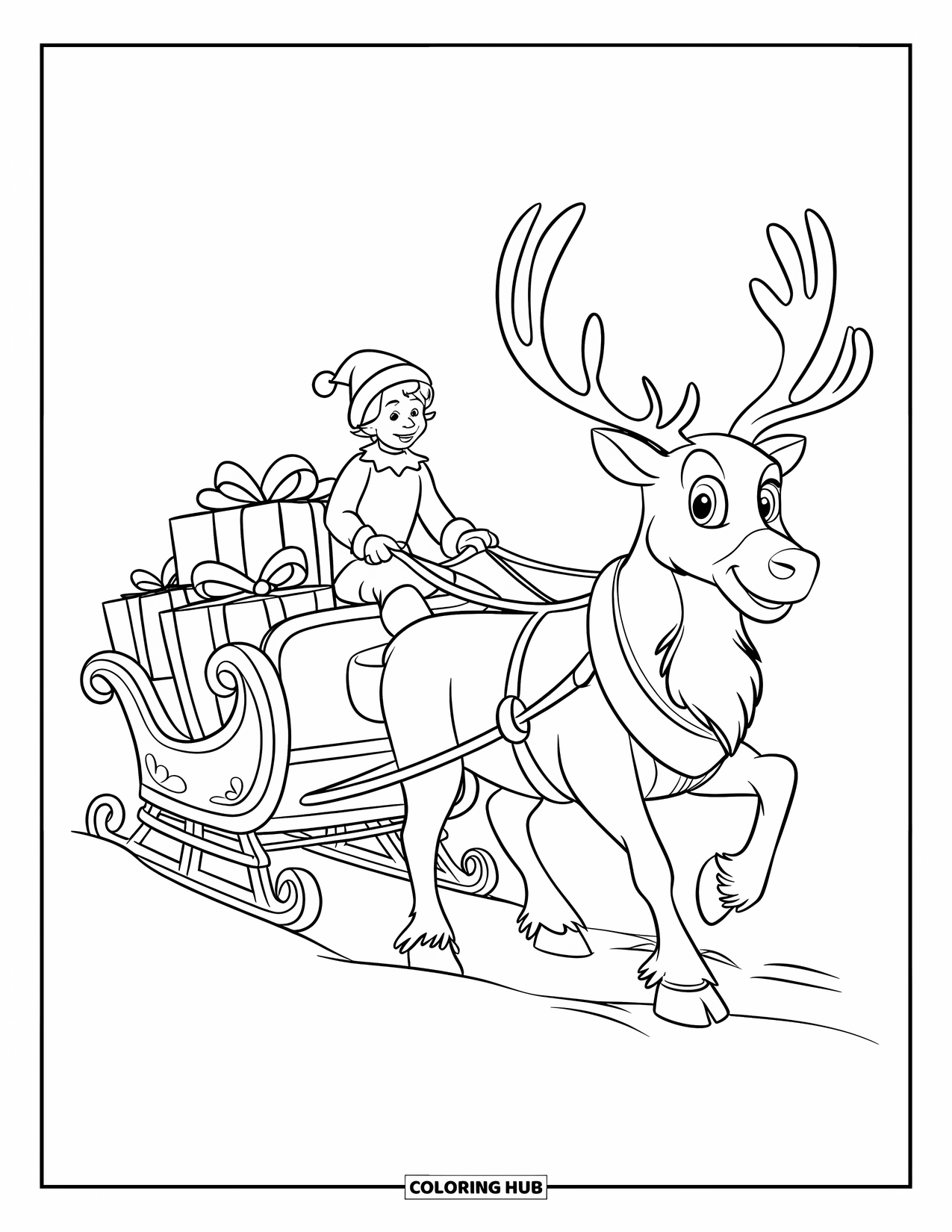 Elf Coloring Page for Kids: An elf and reindeer race across snowy hills with gifts