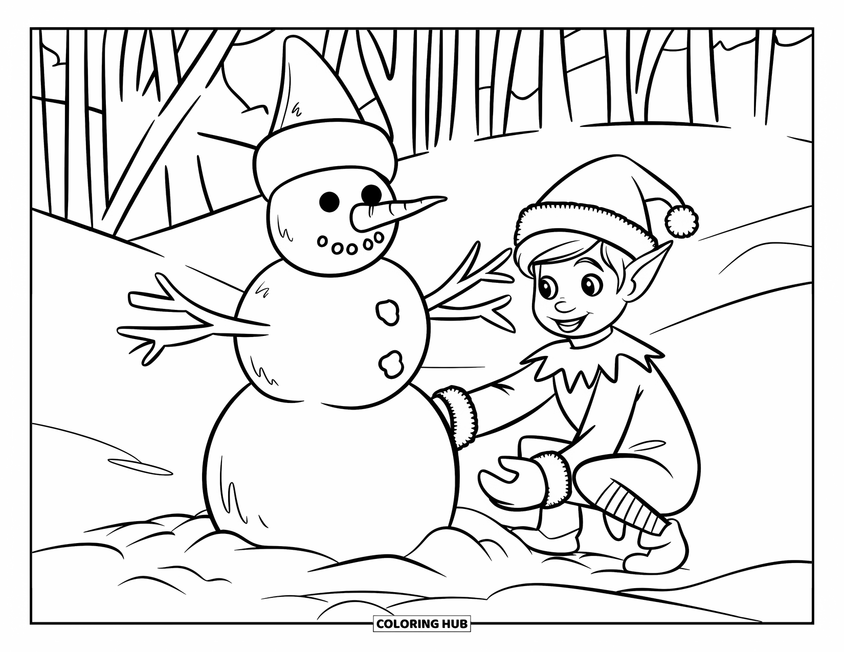 Elf Coloring Page for Kids: An elf builds a snowman with a carrot nose and pointy hat