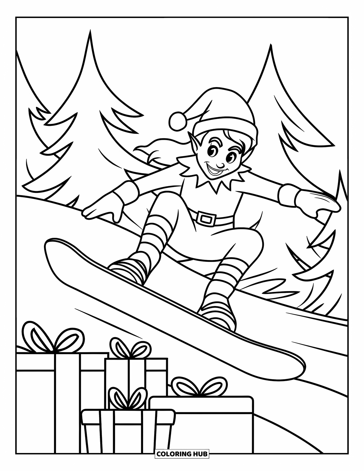 Elf Coloring Page for Kids: An elf catches air while snowboarding over gifts and trees