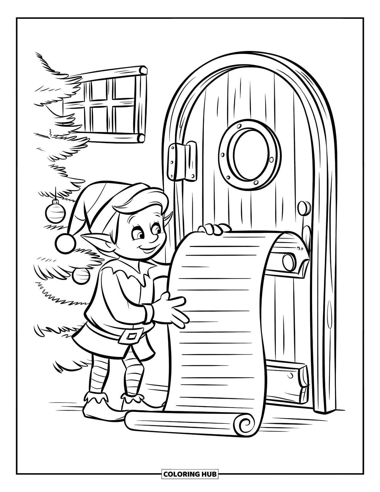 Elf Coloring Page for Kids: An elf checks Santa's list beside a snowy workshop door