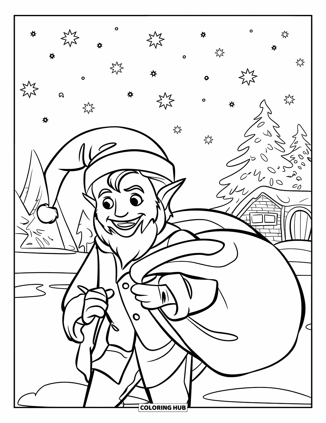 Elf Coloring Page for Kids: An elf delivers gifts beneath stars and a crescent moon