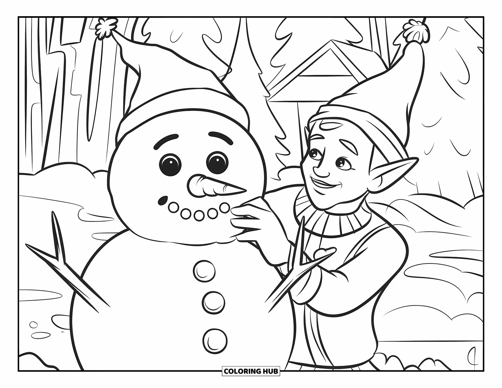 Elf Coloring Page for Kids: An elf happily builds a snowman in falling snow