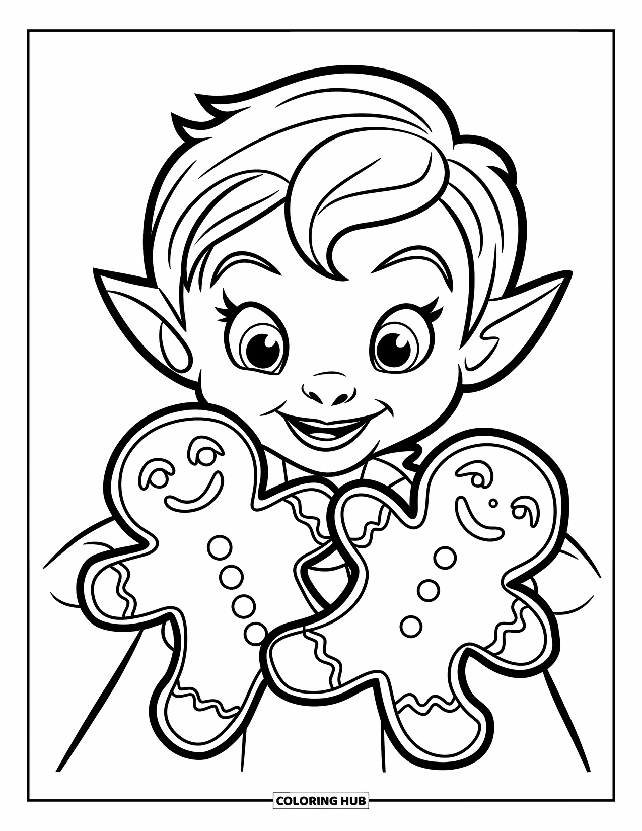 Elf Coloring Page for Kids: An elf holds a gingerbread cookie in each hand, smiling proudly