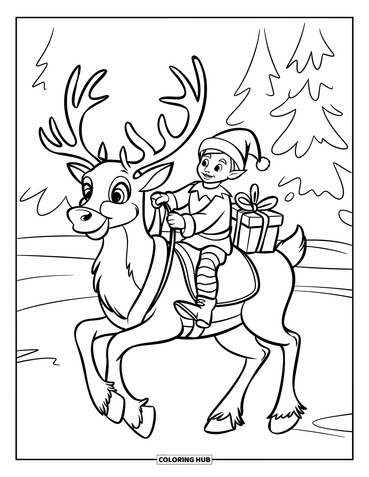Elf Coloring Page for Kids: An elf on a reindeer dashes through the snow with presents