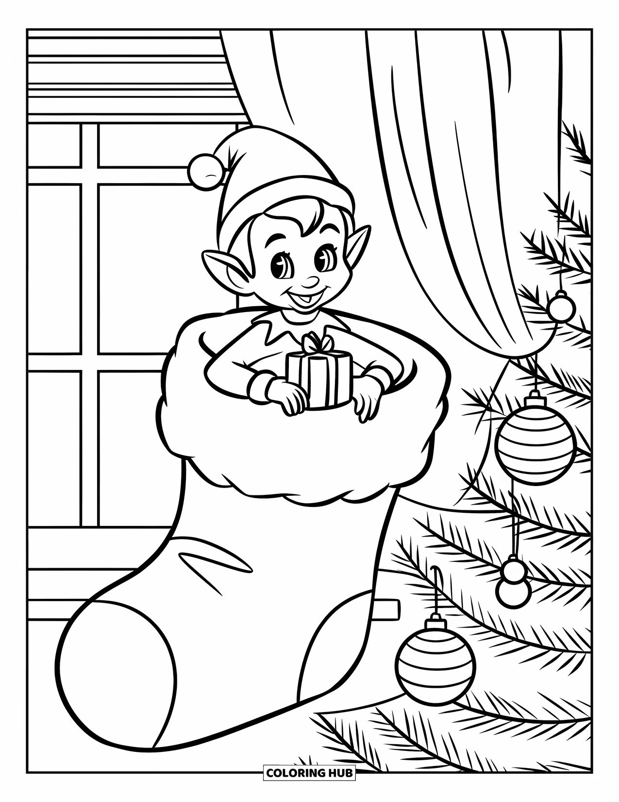 Elf Coloring Page for Kids: An elf peeks from a stocking hanging on a tree with presents