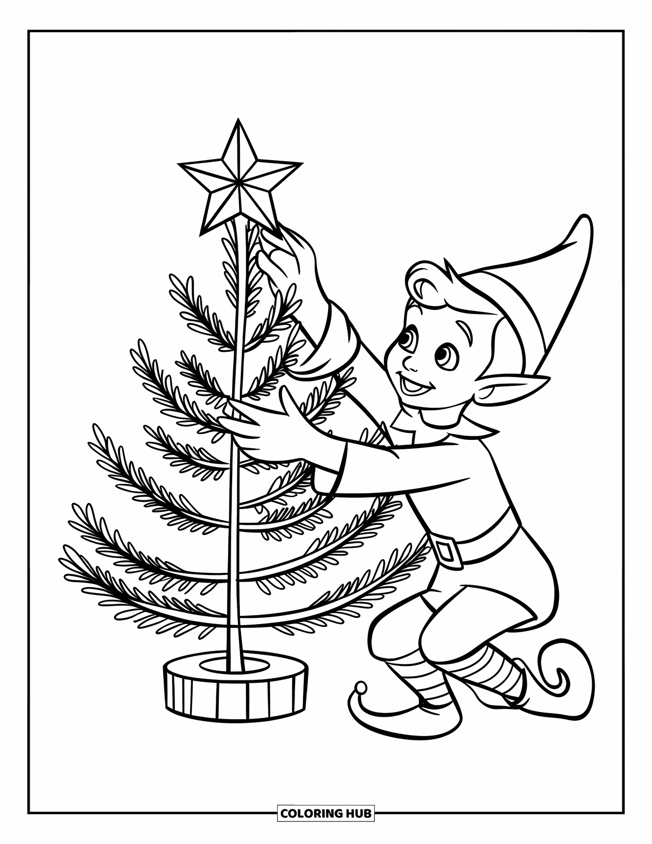 Elf Coloring Page for Kids: An elf places a shining star on top of a Christmas tree