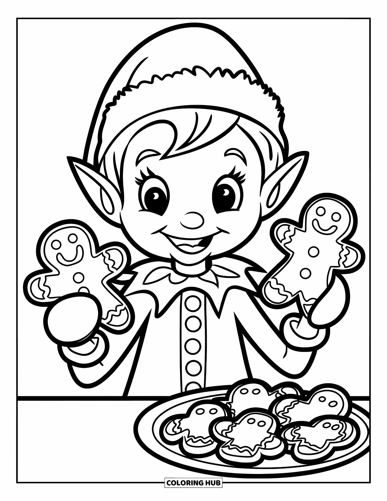 Elf Coloring Page for Kids: An elf proudly holds gingerbread cookies for holiday fun