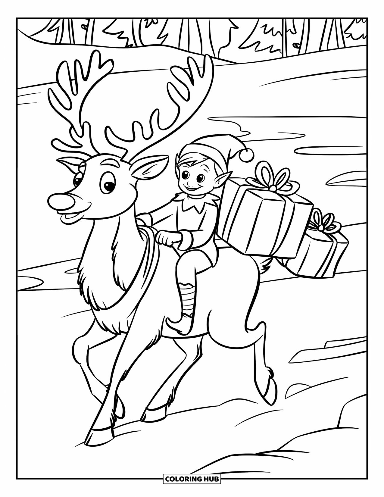 Elf Coloring Page for Kids: An elf rides a reindeer carrying gifts through snowy woods