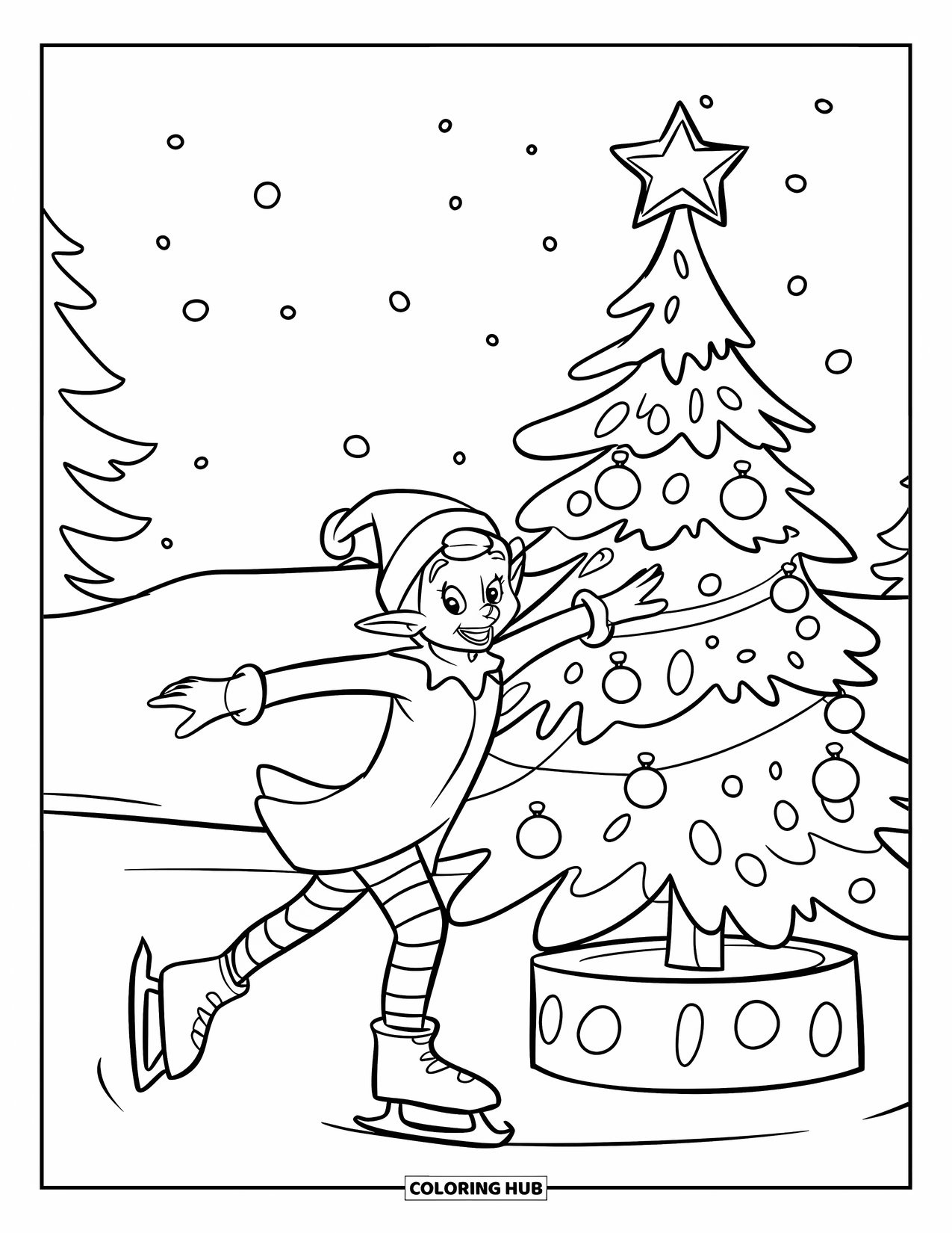Elf Coloring Page for Kids: An elf steadies himself while skating beside a festive tree