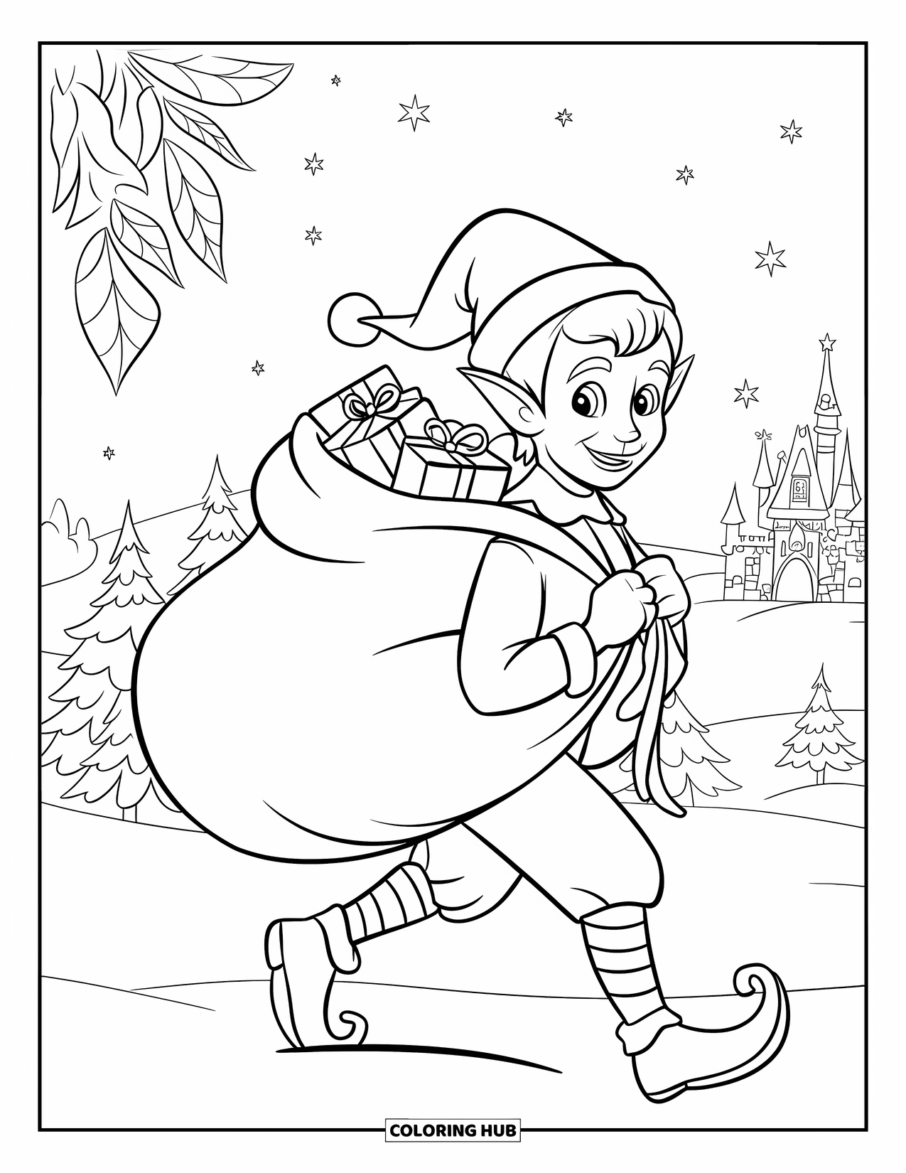 Elf Coloring Page for Kids: An elf walks a snowy path with a sack of presents