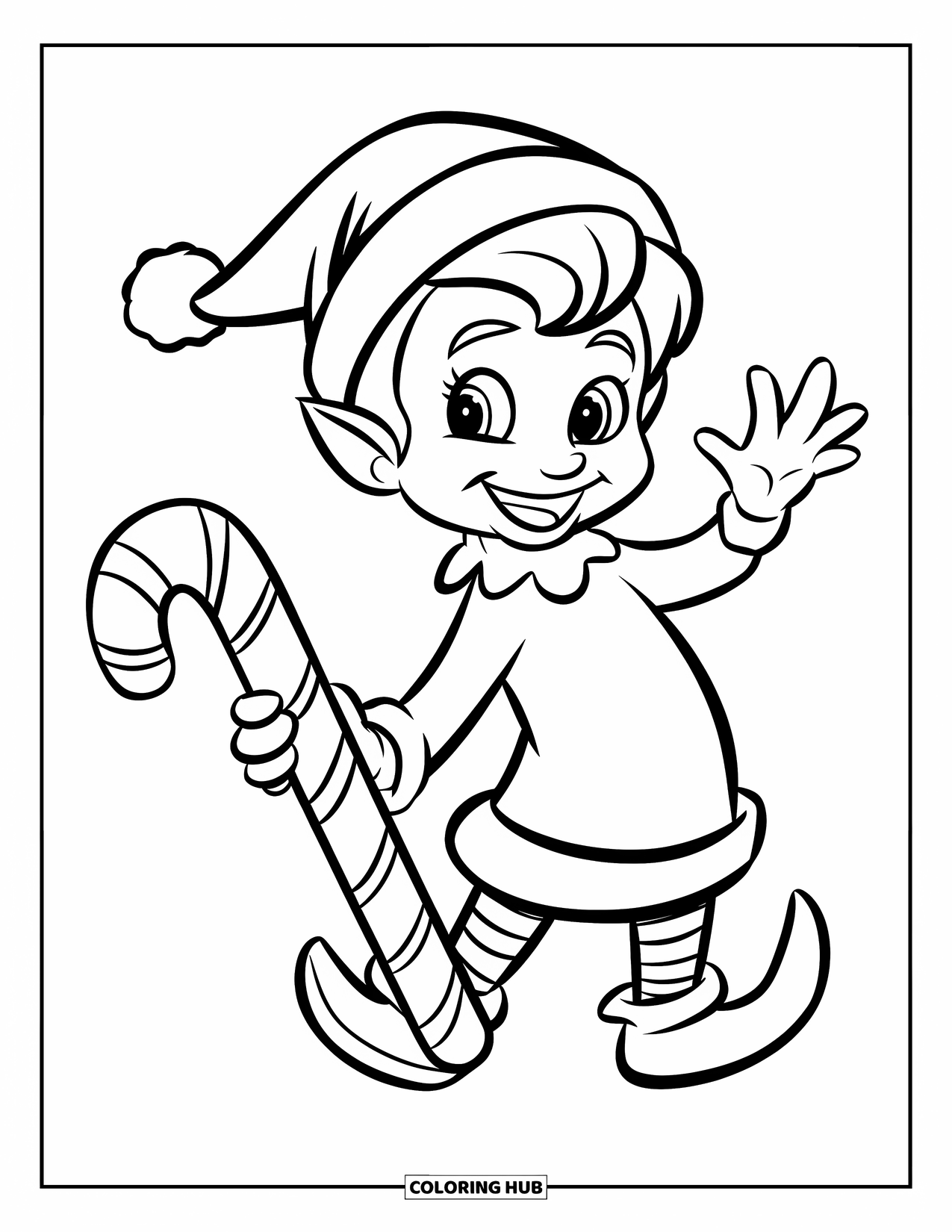Elf Coloring Page for Kids: An elf waves hello while holding a festive candy cane