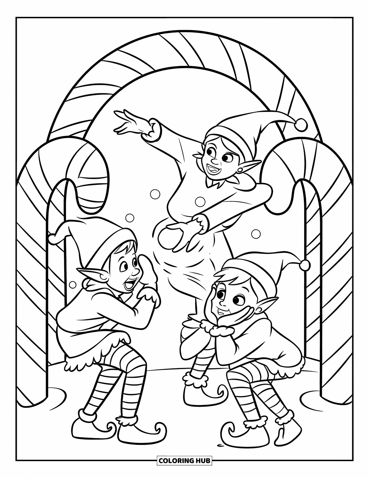 Elf Coloring Page for Kids: Elves giggle and throw snowballs beneath a candy cane arch