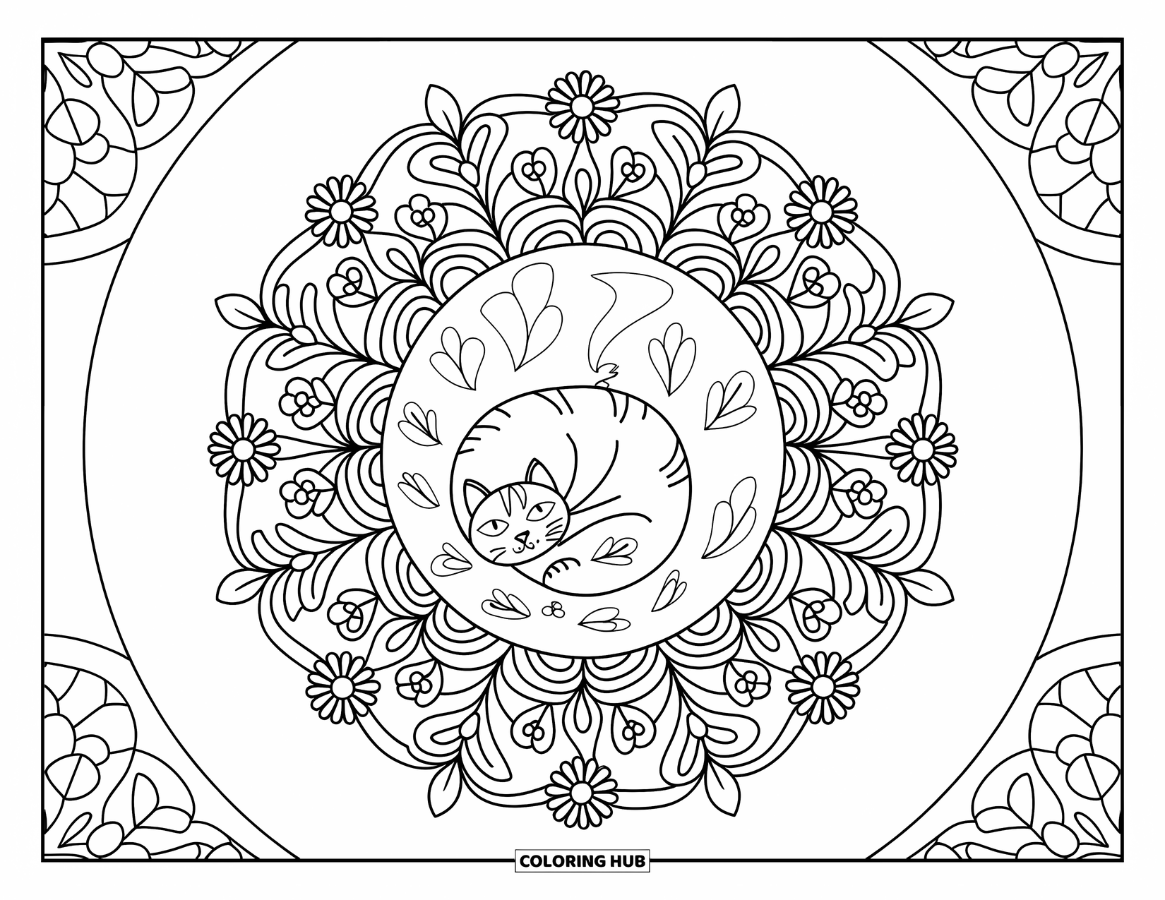Fat Cat Coloring Page for Adults: A cat curls into a ball at the center of a floral mandala