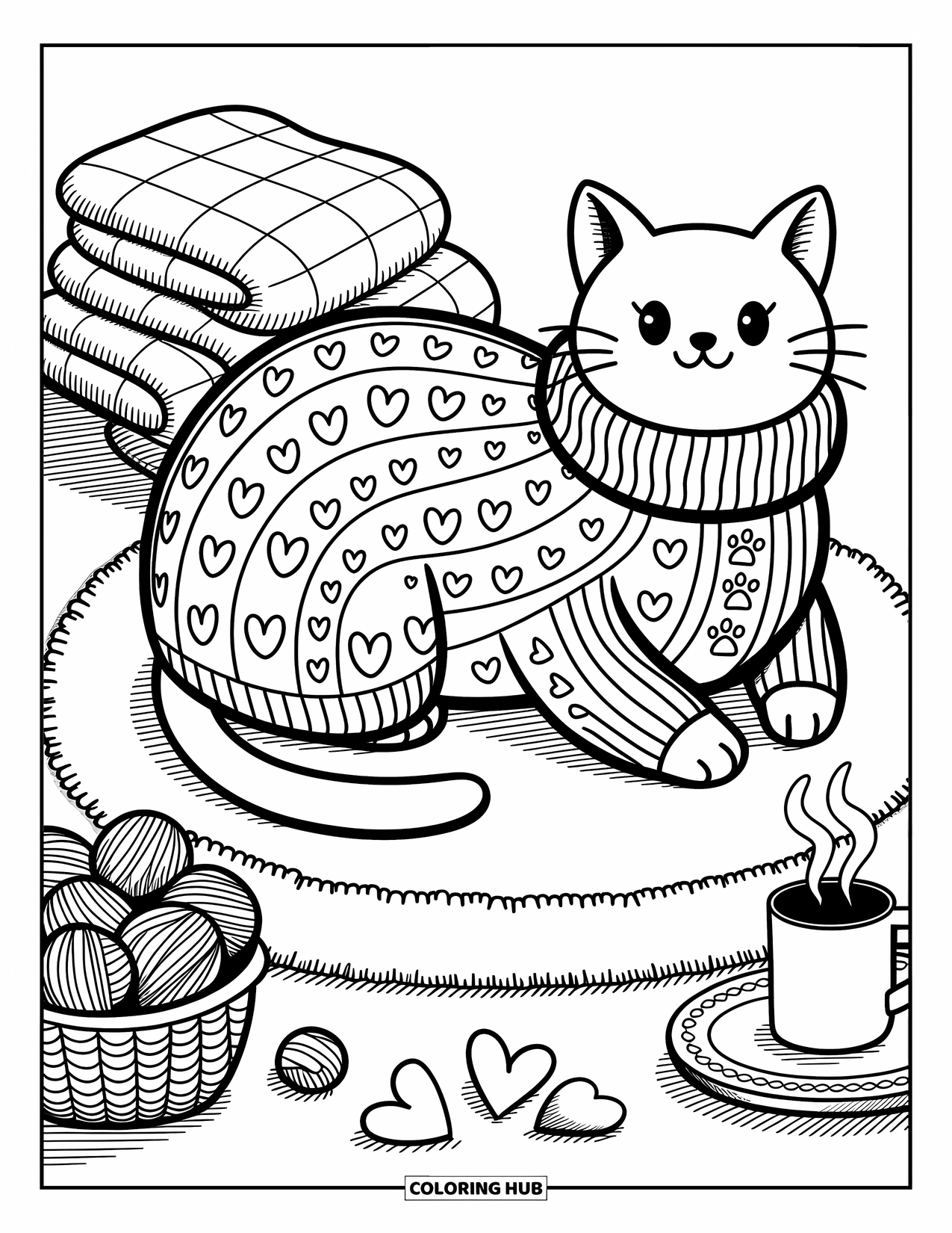 Fat Cat Coloring Page for Adults: A cat in a giant knit sweater rests beside yarn, blankets, and tea