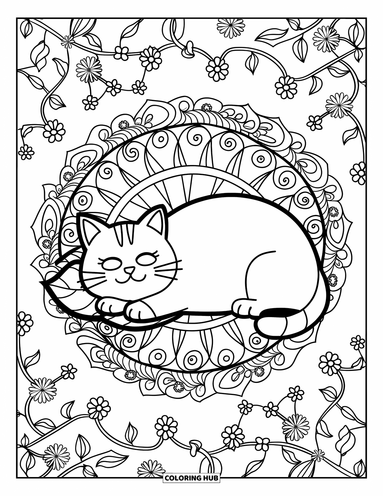 Fat Cat Coloring Page for Adults: A cat lies on its side surrounded by a flower-filled botanical mandala