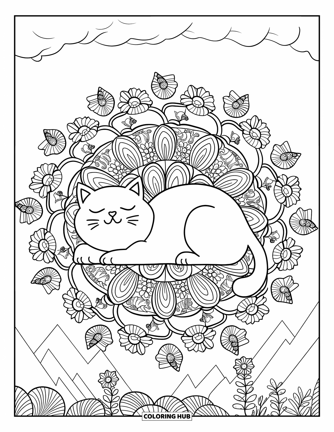 Fat Cat Coloring Page for Adults: A cat rests on a leafy mandala with tiny hidden forest creatures