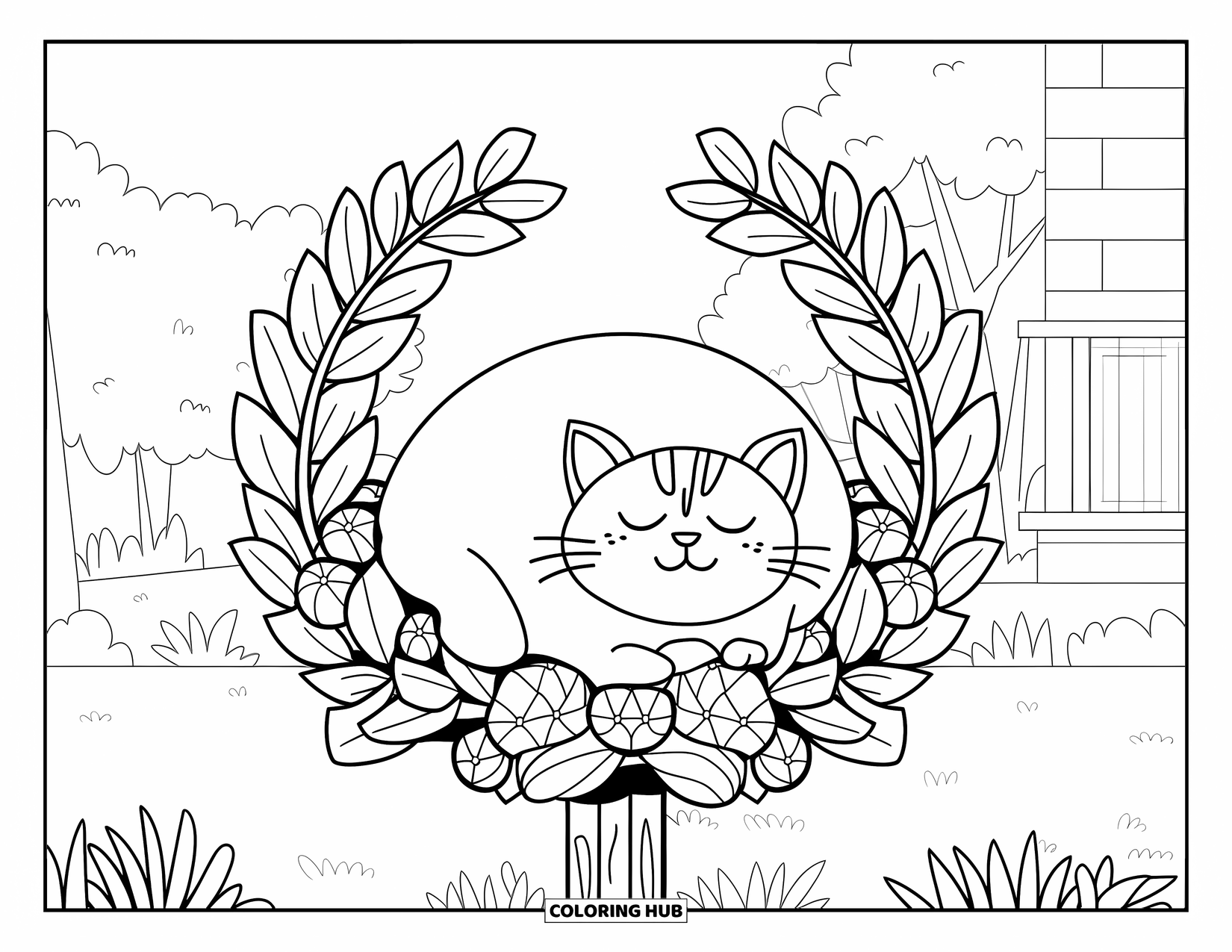 Fat Cat Coloring Page for Adults: A cat sleeps inside a flower-filled wreath resting on a wooden post