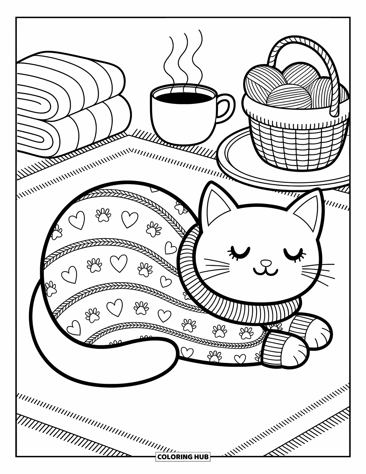 Fat Cat Coloring Page for Adults: A cat snuggled in a sweater sits on a rug, surrounded by cozy things