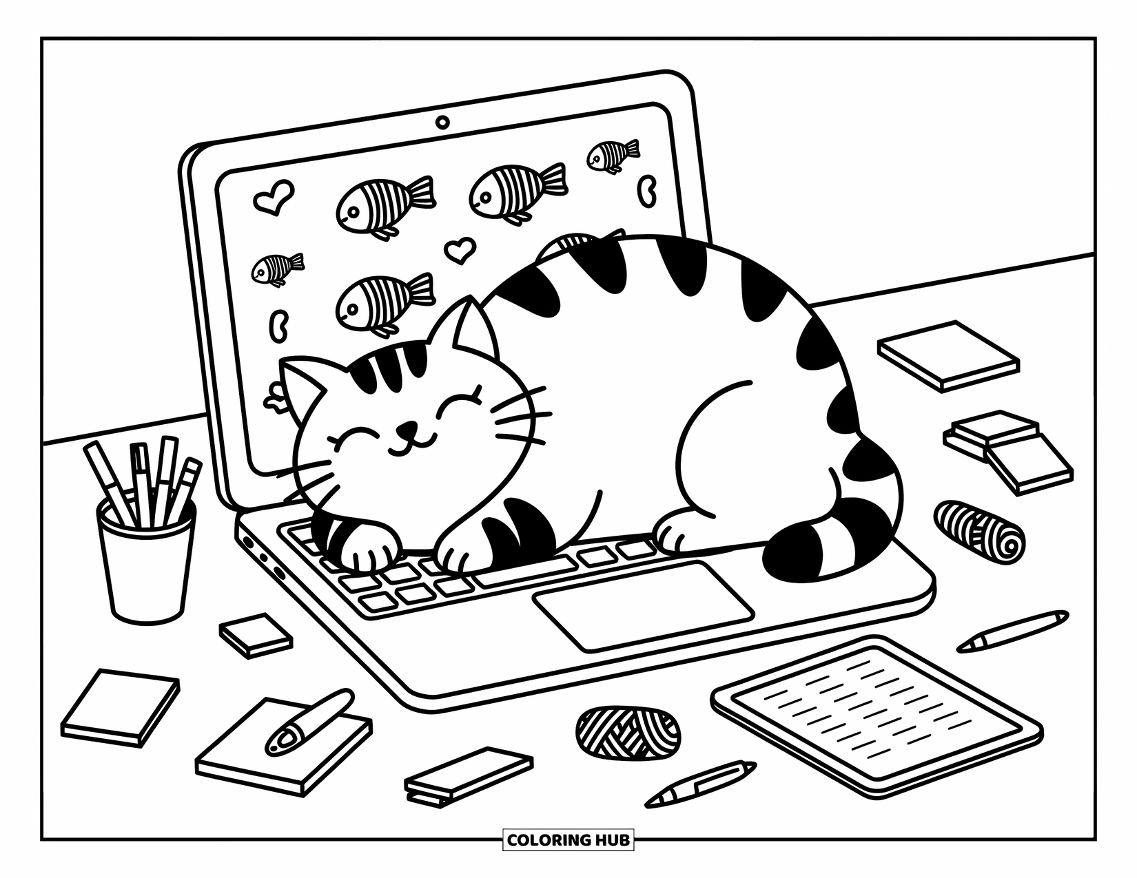 Fat Cat Coloring Page for Adults: A chubby cat rests on a keyboard, surrounded by sticky notes and tipped-over pens