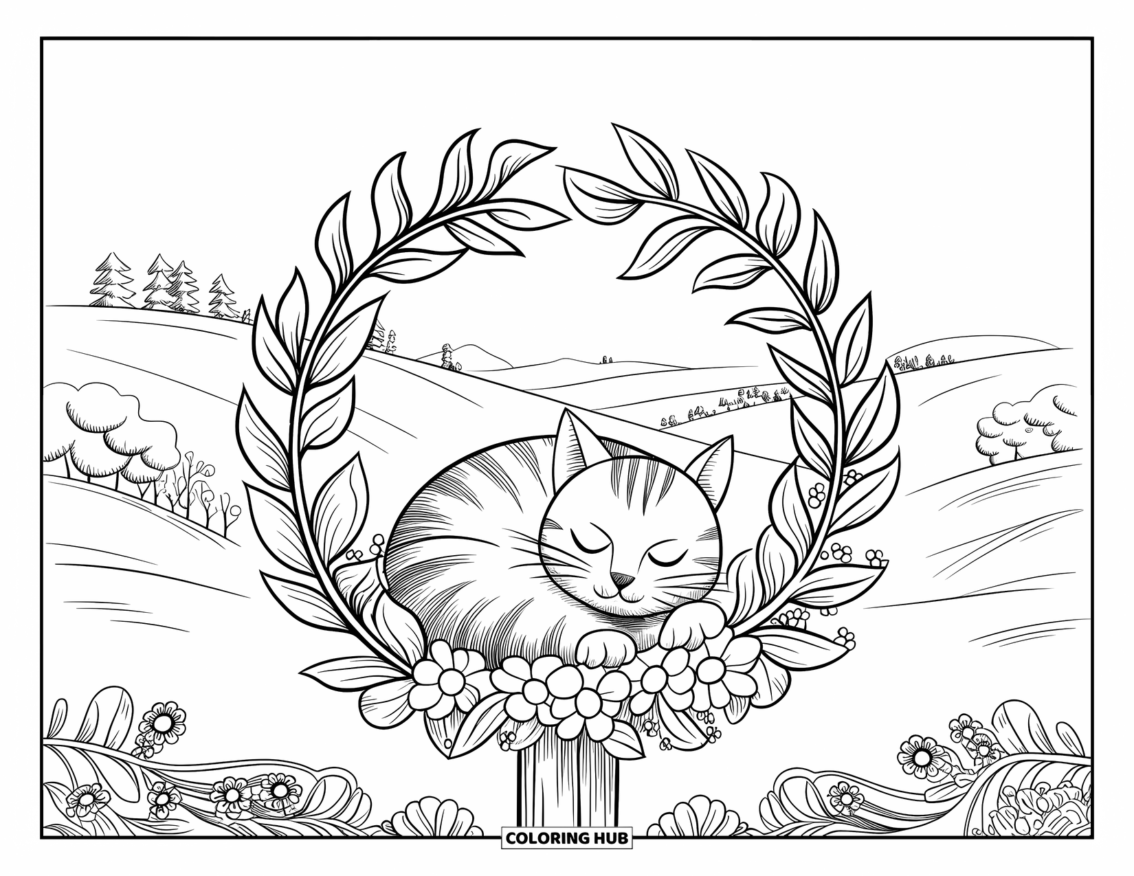Fat Cat Coloring Page for Adults: A cozy cat curls in a floral wreath set on a post near rolling hills