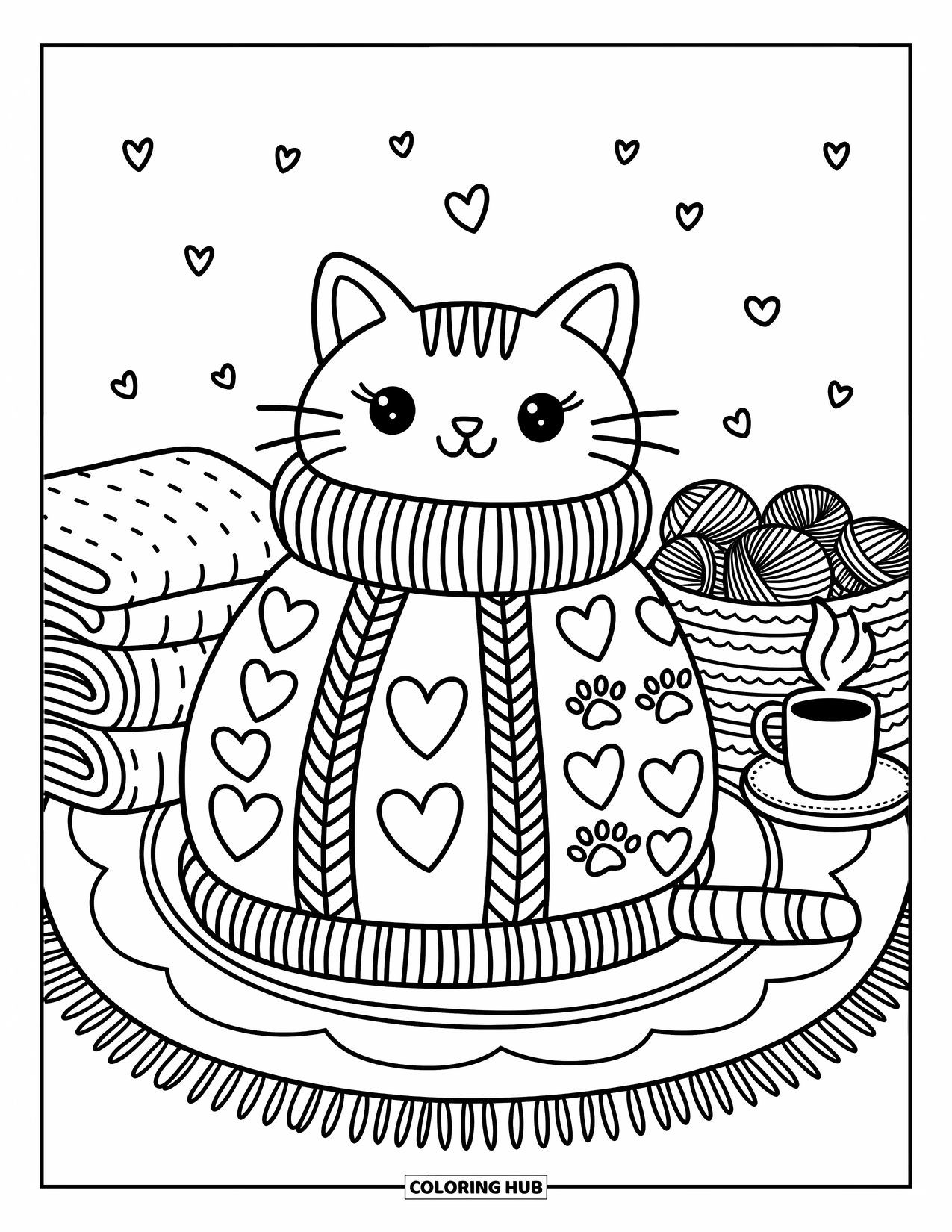 Fat Cat Coloring Page for Adults: A cozy cat in a big sweater sits beside yarn and a warm mug