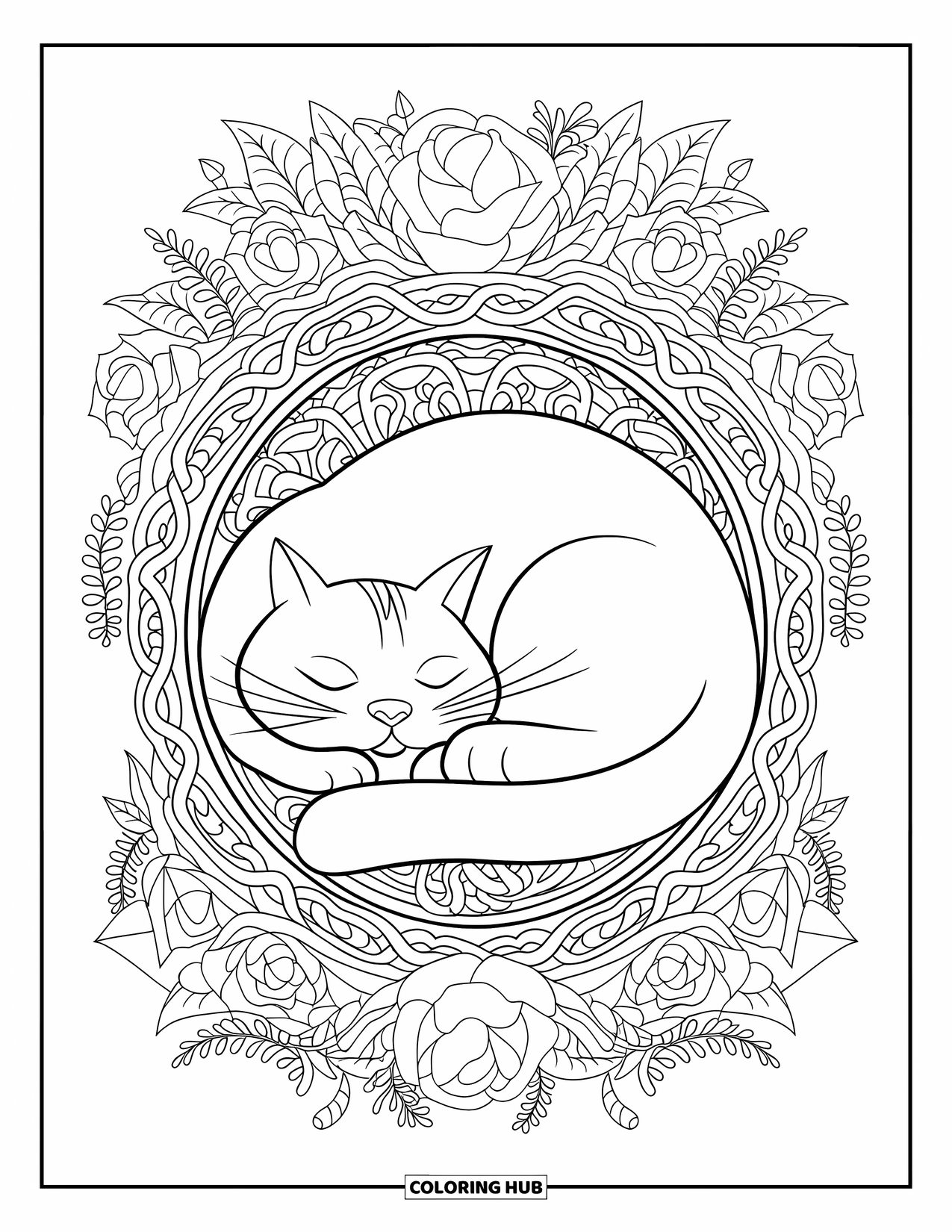 Fat Cat Coloring Page for Adults: A curled-up cat sleeps inside a leafy rose and fern frame