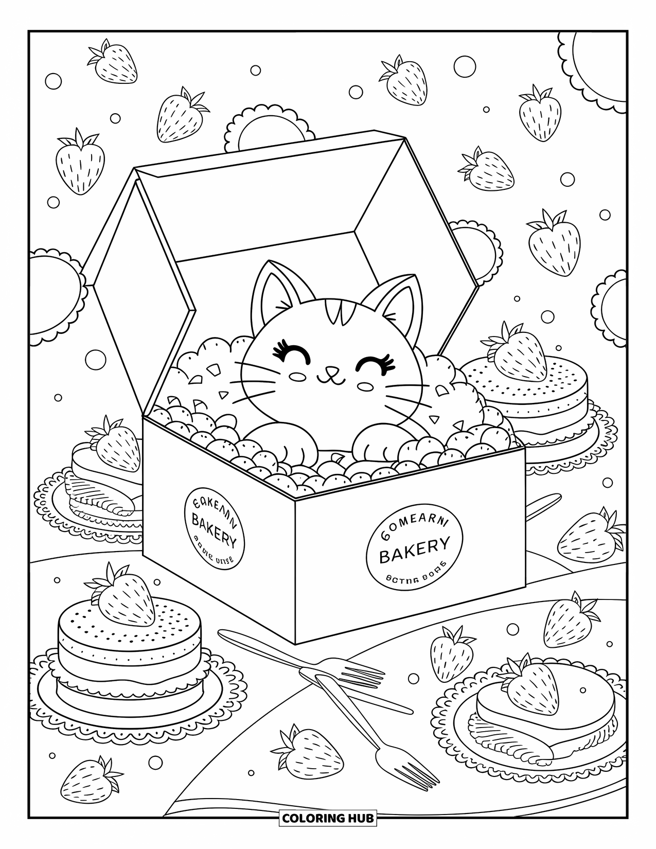 Fat Cat Coloring Page for Adults: A fluffy cat curls up inside a dessert box among strawberries and crumbs