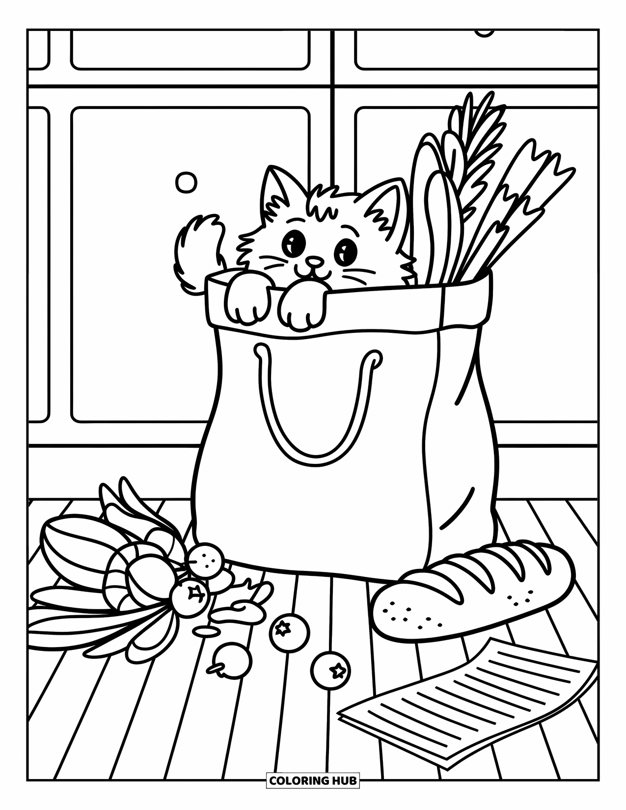 Fat Cat Coloring Page for Adults: A fluffy cat peeks from a crinkly bag among scattered veggies and a shopping list