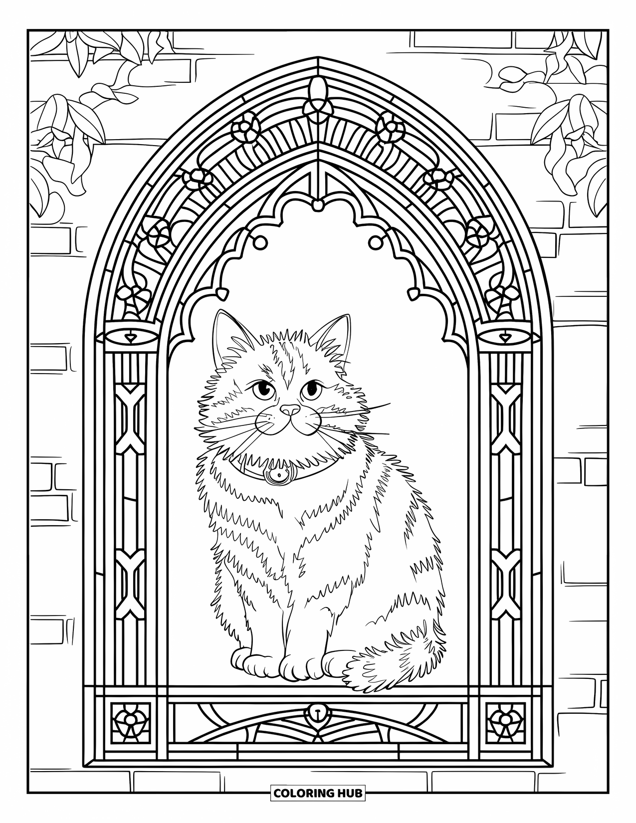 Fat Cat Coloring Page for Adults: A fluffy cat poses under a patterned stained glass arch