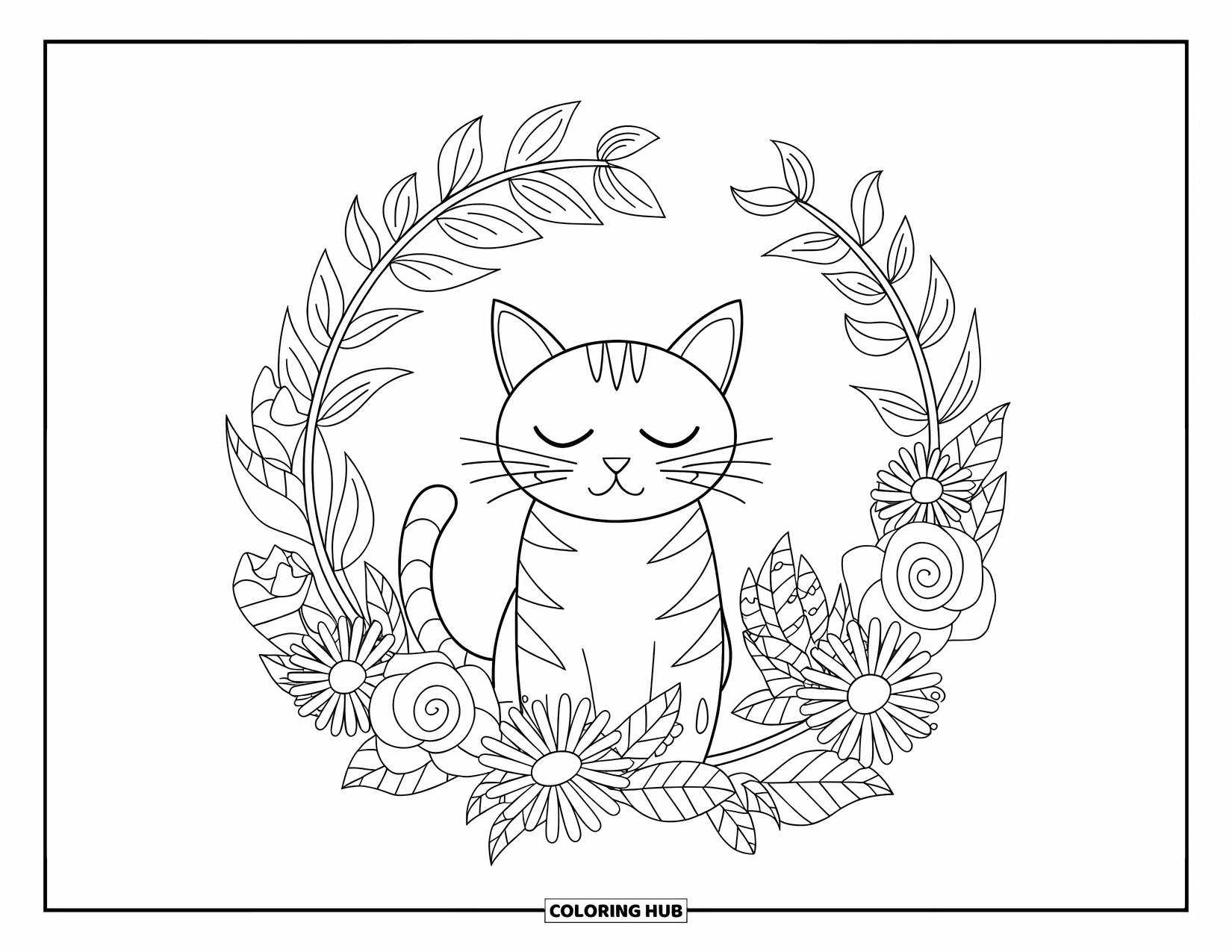 Fat Cat Coloring Page for Adults: A peaceful cat sleeps in a spiral wreath of roses and lilies